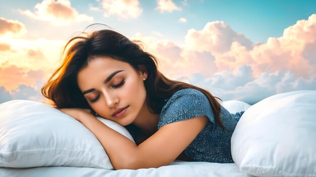 Foto una hermosa chica duerme en una cama blanca entre las nubes un buen sueño con una cómoda almohada suave