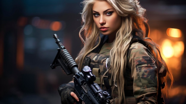 Hermosa chica del ejército con armas