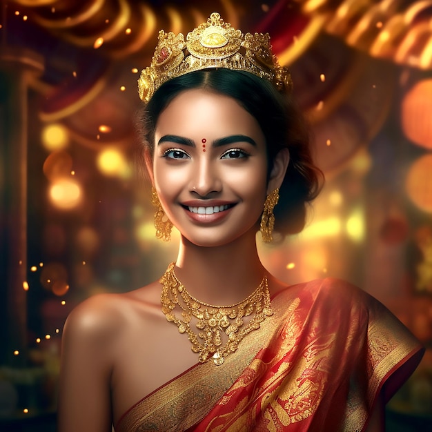 Una hermosa chica elegante con una sonrisa encantadora con un sari de seda y una corona en la cabeza