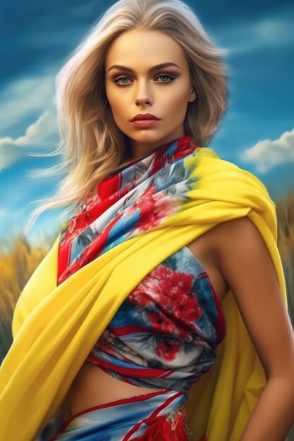 Hermosa chica con elementos de ropa en el color de la bandera ucraniana cielo amarillo azul