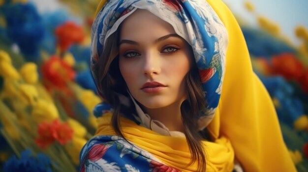 Hermosa chica con elementos de ropa en el color de la bandera ucraniana cielo amarillo azul