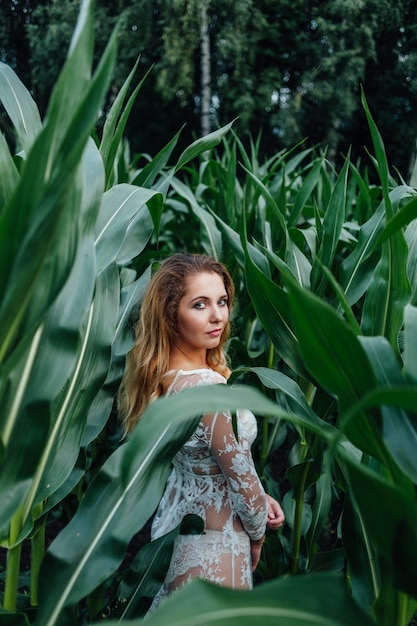 Hermosa chica se encuentra en el campo de maíz joven. Agricultura.