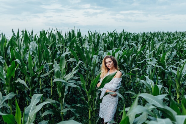 Hermosa chica se encuentra en el campo de maíz joven. Agricultura.