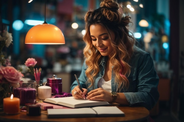 Hermosa chica escribiendo y sonriendo