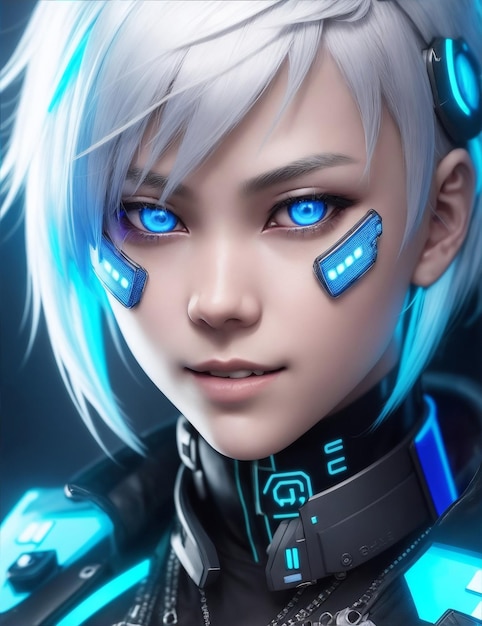 hermosa chica de estilo cyberpunk con aparatos iluminados con neón de alta tecnología, retrato de tema de ciencia ficción de alta tecnología, IA generativa