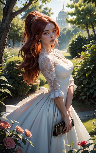 Hermosa chica en estilo medieval Hermosa chica anime vestida de estilo medieval en el bosque