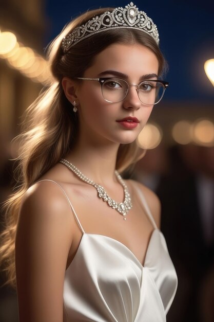 Una hermosa chica europea con diadema de vestido blanco y gafas está de pie en la calle por la noche