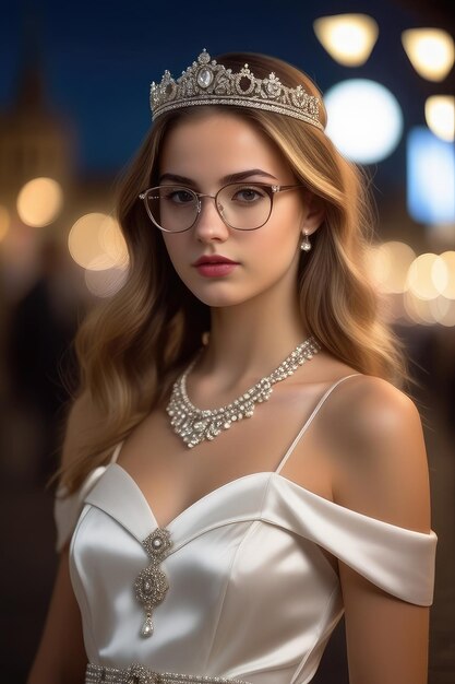 Una hermosa chica europea con diadema de vestido blanco y gafas está de pie en la calle por la noche