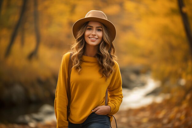 Una hermosa chica explorando la naturaleza en la paleta rosa de otoño