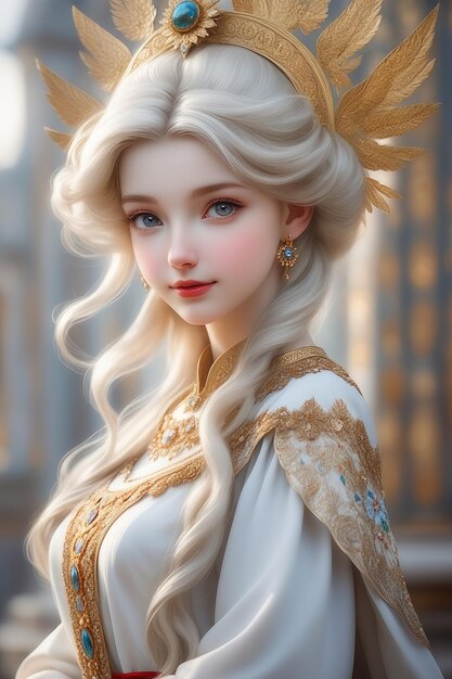 Una hermosa chica en una fantasía vestida como una diosa en estilo de dibujos animados