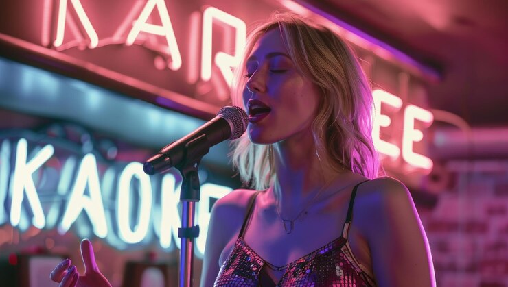 una hermosa chica feliz canta en el karaoke el fondo borroso con el espacio de copia