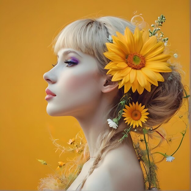 hermosa chica con flores en la cabeza