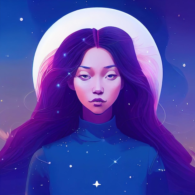 Hermosa chica en el fondo de la composición del retrato de la luna el cabello largo se disuelve en el espacio exterior dibujo digital