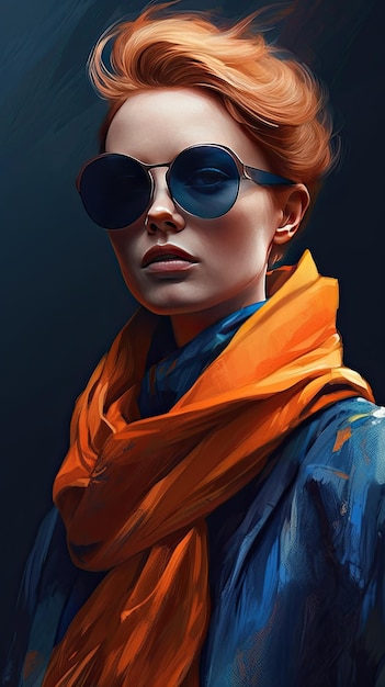 Hermosa chica con gafas de sol al estilo de trabajo severo con un cuchillo de paleta naranja y arte de precisión índigo creado con tecnología Generativa AI