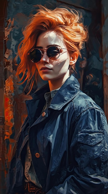 Hermosa chica con gafas de sol al estilo de trabajo severo con un cuchillo de paleta naranja y arte de precisión índigo creado con tecnología Generativa AI