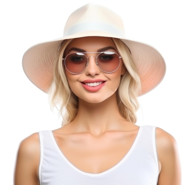 Hermosa chica con gafas de sol y sombrero de verano sonriendo aislado Ilustración AI GenerativexA