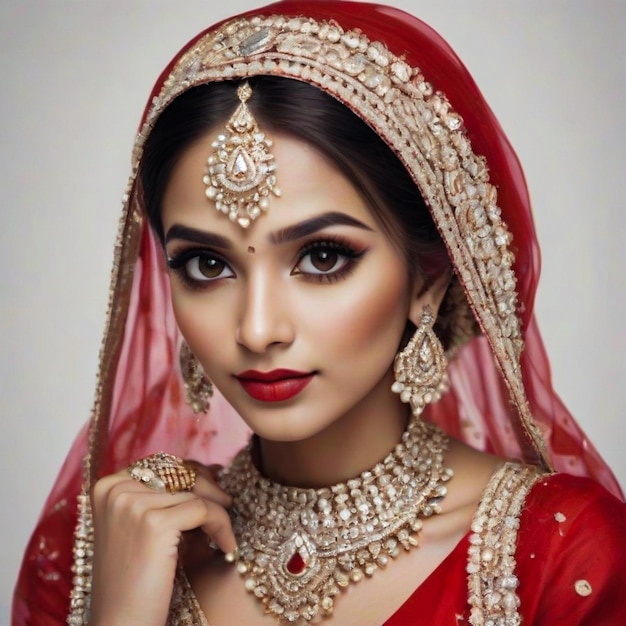 Una hermosa chica glamurosa de etnia india con trajes rojos de novia y joyas de diamantes