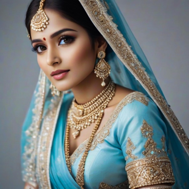 Una hermosa chica glamurosa de etnia india con trajes tradicionales de novia de color azul cielo