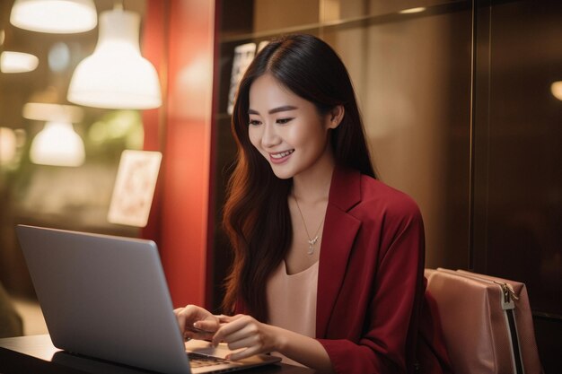 Hermosa chica haciendo compras en línea en la computadora portátil