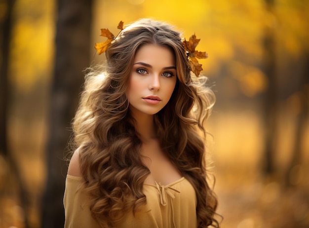 Hermosa chica con hojas de otoño
