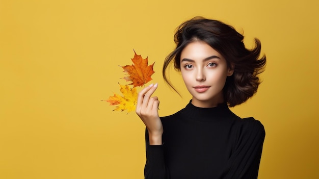 Hermosa chica con hojas de otoño