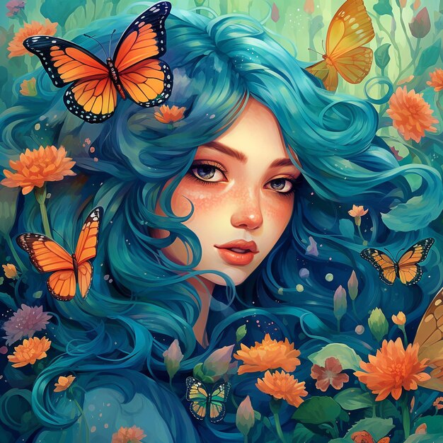 Hermosa chica con ilustración de cabello largo en estilo de fantasía Generado por IA