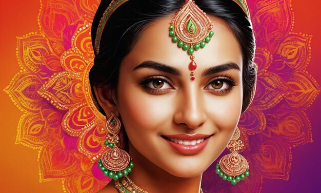 Una hermosa chica india sonriendo en un cartel de Diwali