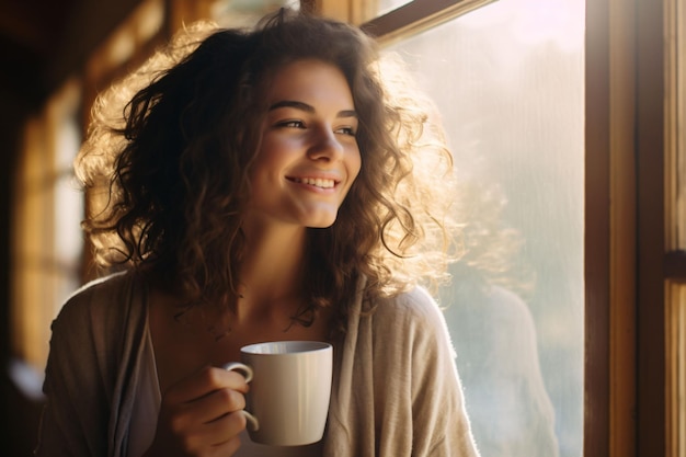 Hermosa chica junto a la ventana sosteniendo una taza de café con leche maqueta de taza de porcelana blanca de 11 oz