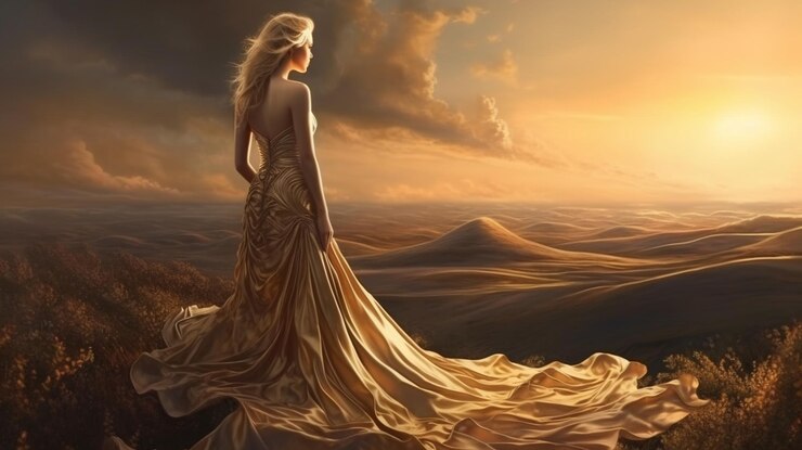 Hermosa chica con un largo vestido dorado en las colinas al atardecergenerativo ai