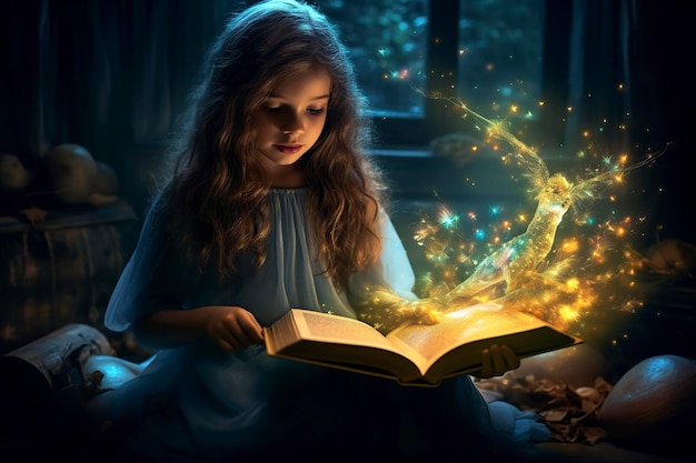 hermosa chica leyendo un libro mágico lleno de color fuego y brillo