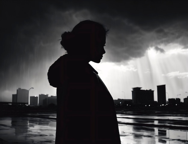 hermosa chica en la lluvia sobre un fondo oscuro