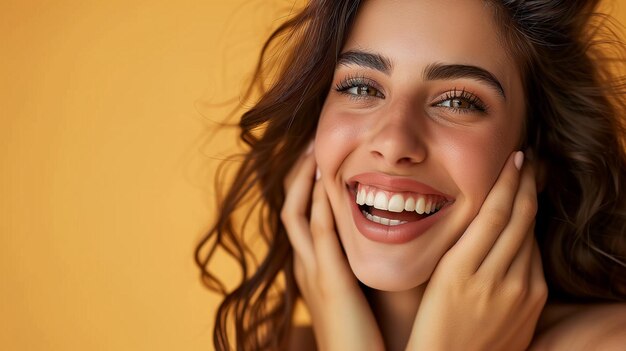 Hermosa chica con las manos en la cara sobre un fondo amarillo