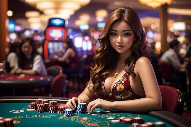 Hermosa chica en la mesa del Casino generada por IA