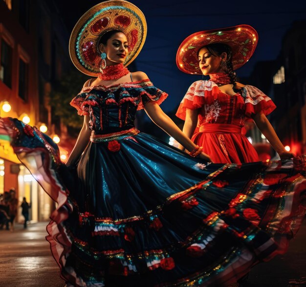 Una hermosa chica mexicana está bailando con un vestido tradicional mexicano.