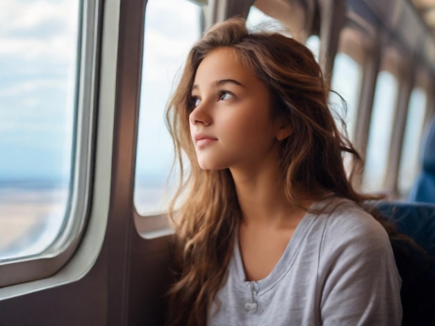 Una hermosa chica mirando al cielo a través de la ventana desde un avión