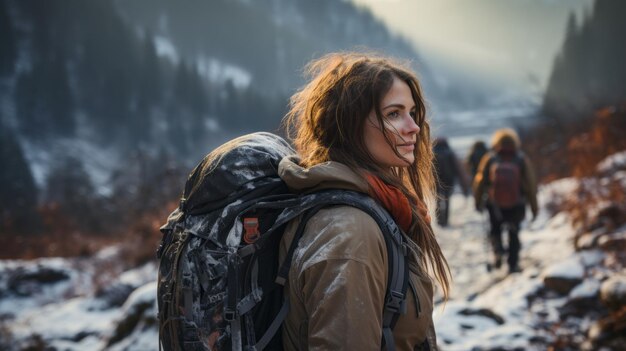 La hermosa chica con la mochila Los mochileros abrazan la aventura en las montañas nevadas