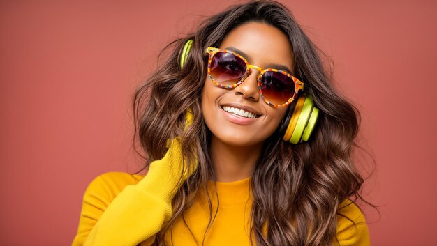 Una hermosa chica de moda con auriculares escucha música