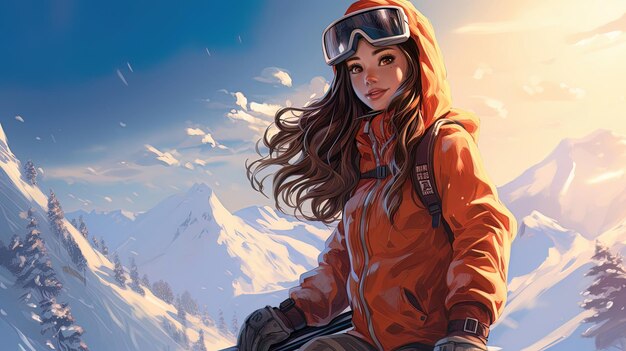 Hermosa chica en las montañas snowboarder generación AI