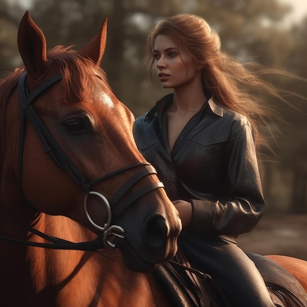 Hermosa chica montando un caballo generativo ai