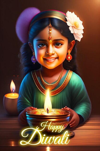 Hermosa chica mostrando alegría en la cara para el festival de Happy Diwali