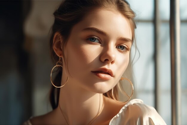 Hermosa chica mujer de moda y con estilo en joyas de moda aretes grandes mirada de moda belleza y estilo maquillaje natural estilo fácil