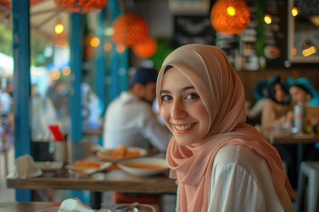 hermosa chica musulmana en hijab sonriendo esperando su comida en un restaurante