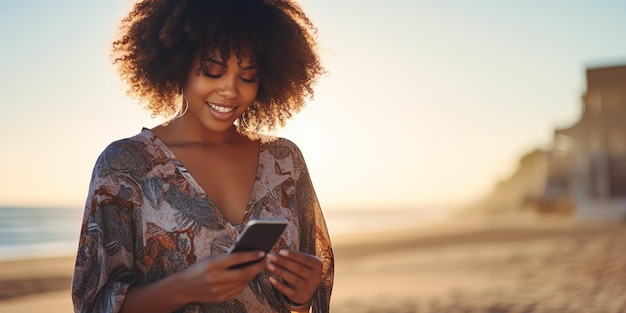 Una hermosa chica negra mirando su teléfono y revisando las redes sociales, la soleada playa dorada y el océano al fondo