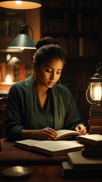 Foto una hermosa chica con un pan en la cabeza sentada en una mesa y leyendo un libro