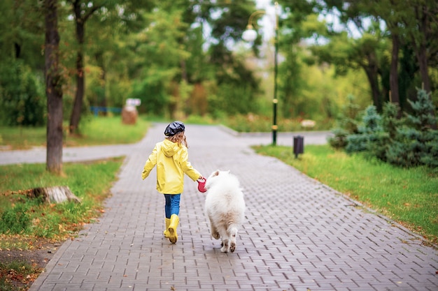 Hermosa chica en un paseo con un hermoso perro en un parque al aire libre