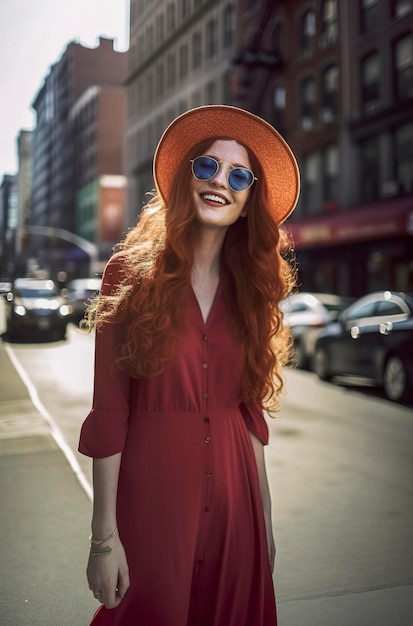 Hermosa chica pelirroja de unos 20 años con un sombrero y gafas de sol con un vestido de moda en las calles de nueva york a la luz del sol