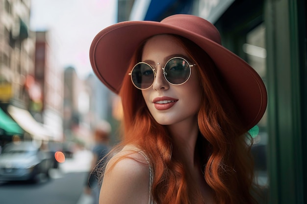 Hermosa chica pelirroja de unos 20 años con un sombrero y gafas de sol con un vestido de moda en las calles de nueva york a la luz del sol