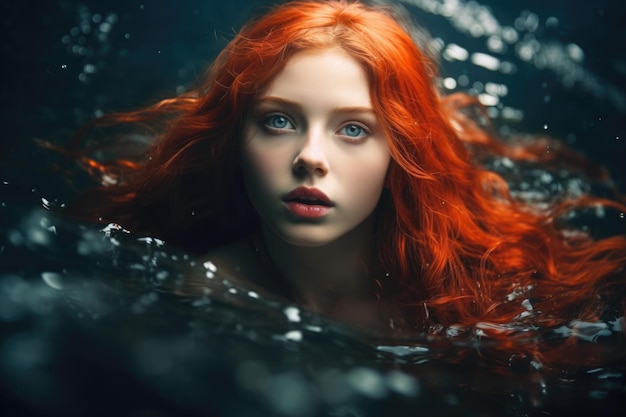 Una hermosa chica pelirroja en el agua tiene el pelo largo y rojo.