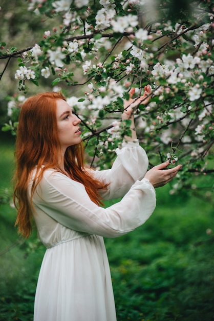 Hermosa chica pelirroja con un vestido blanco entre florecientes manzanos en el jardín.