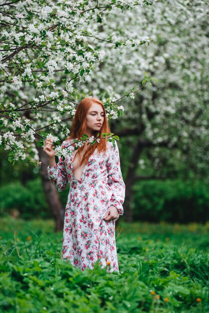 Hermosa chica pelirroja con un vestido blanco entre florecientes manzanos en el jardín